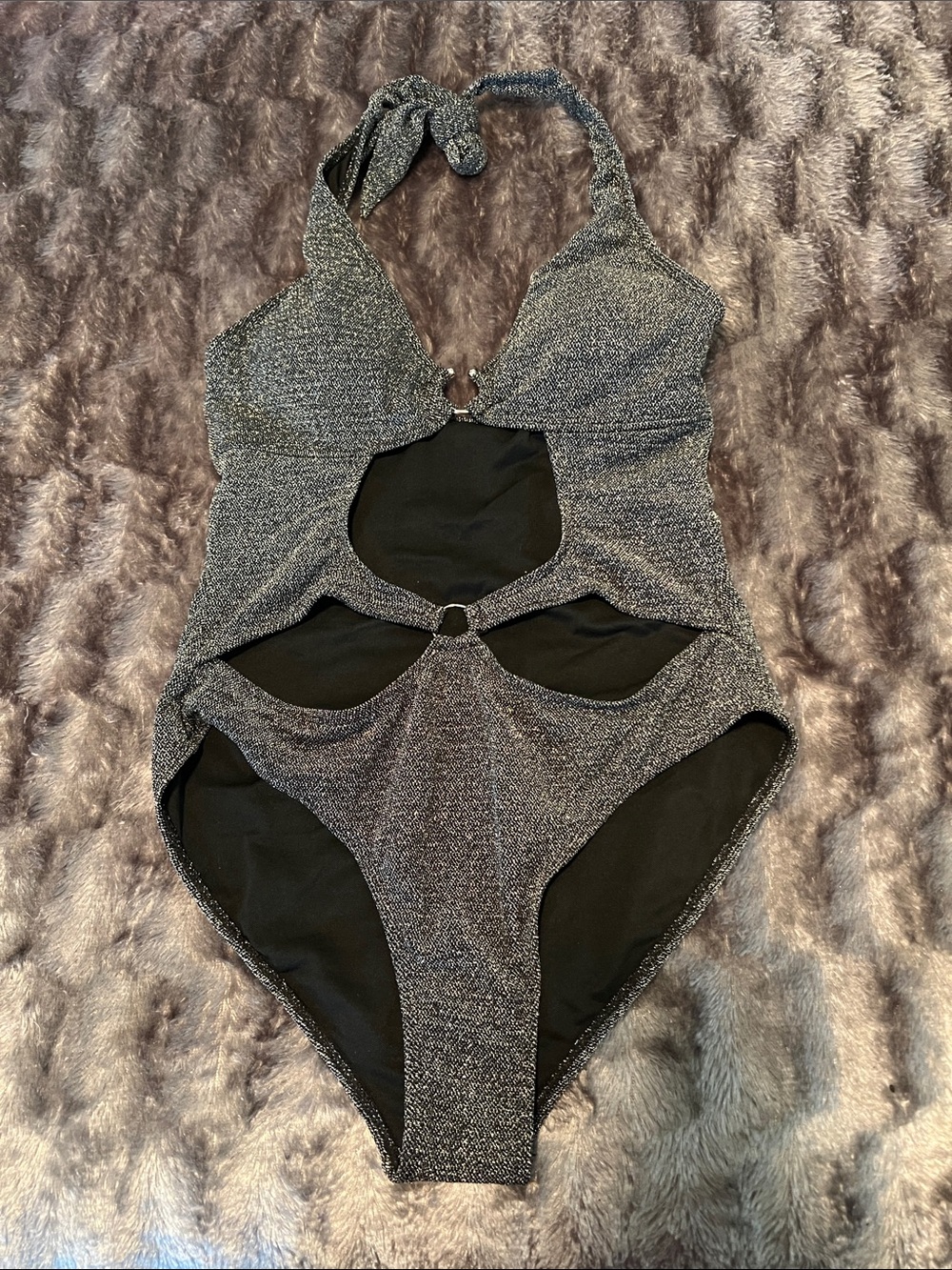 Cupshe Metallic Silver Halter Cutout One-Piece Swimsuit, medium
